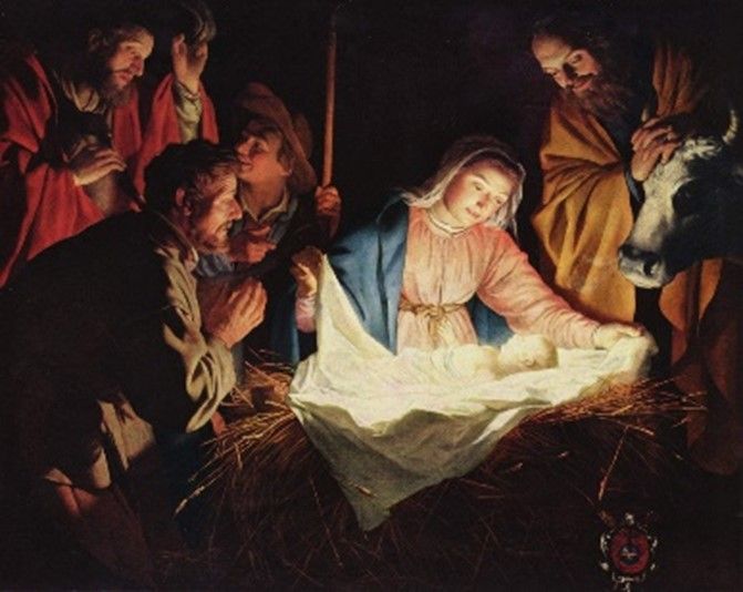 A painting of a nativity scene with jesus and mary