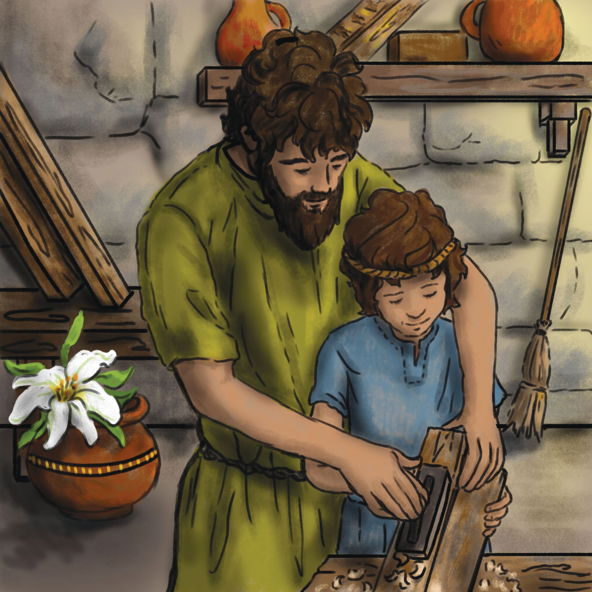 A man and a boy are woodworking together in a workshop. The man guides the boy’s hands on a plane; both are focused.