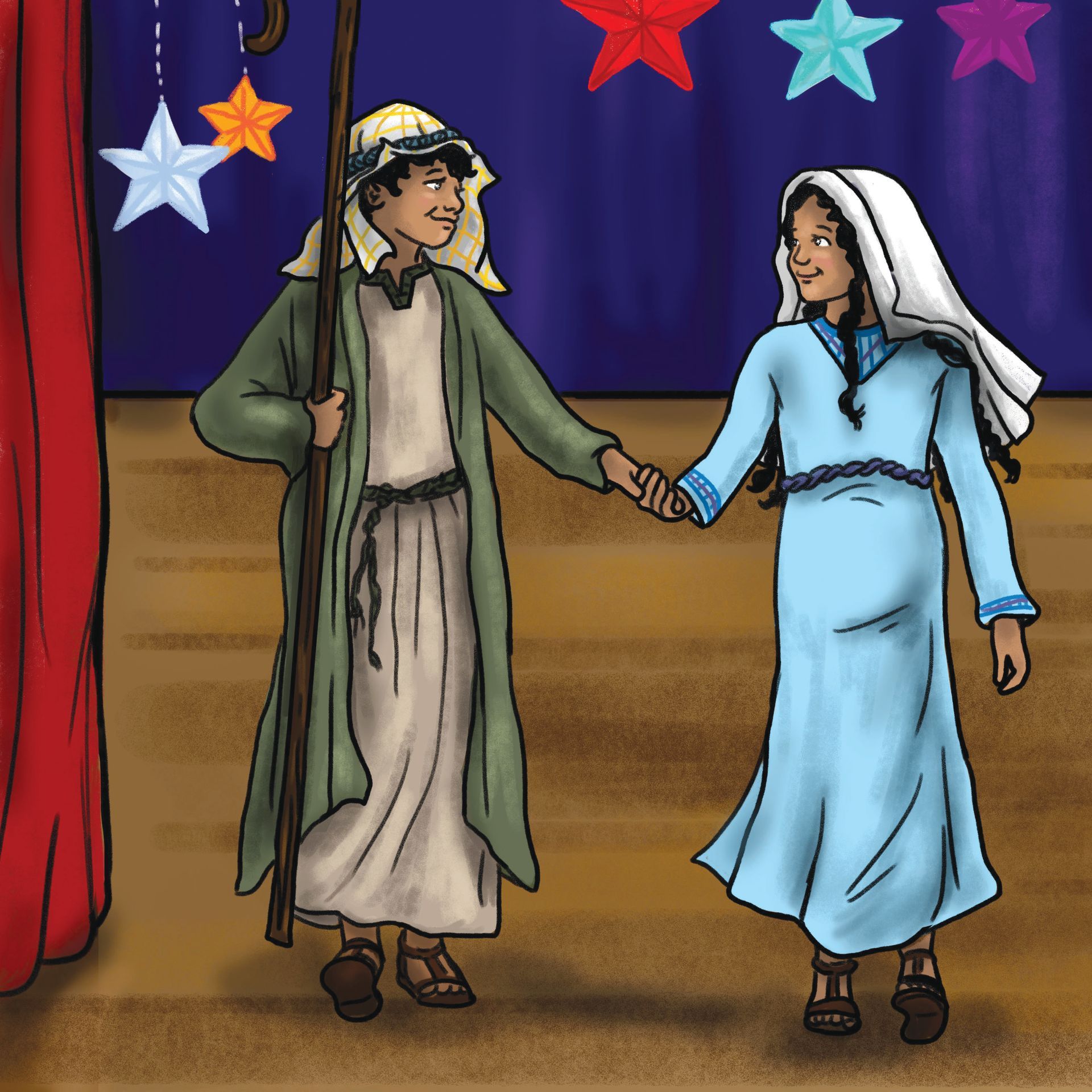 Two people in costumes, hand-in-hand, smiling, on a stage with star decorations.