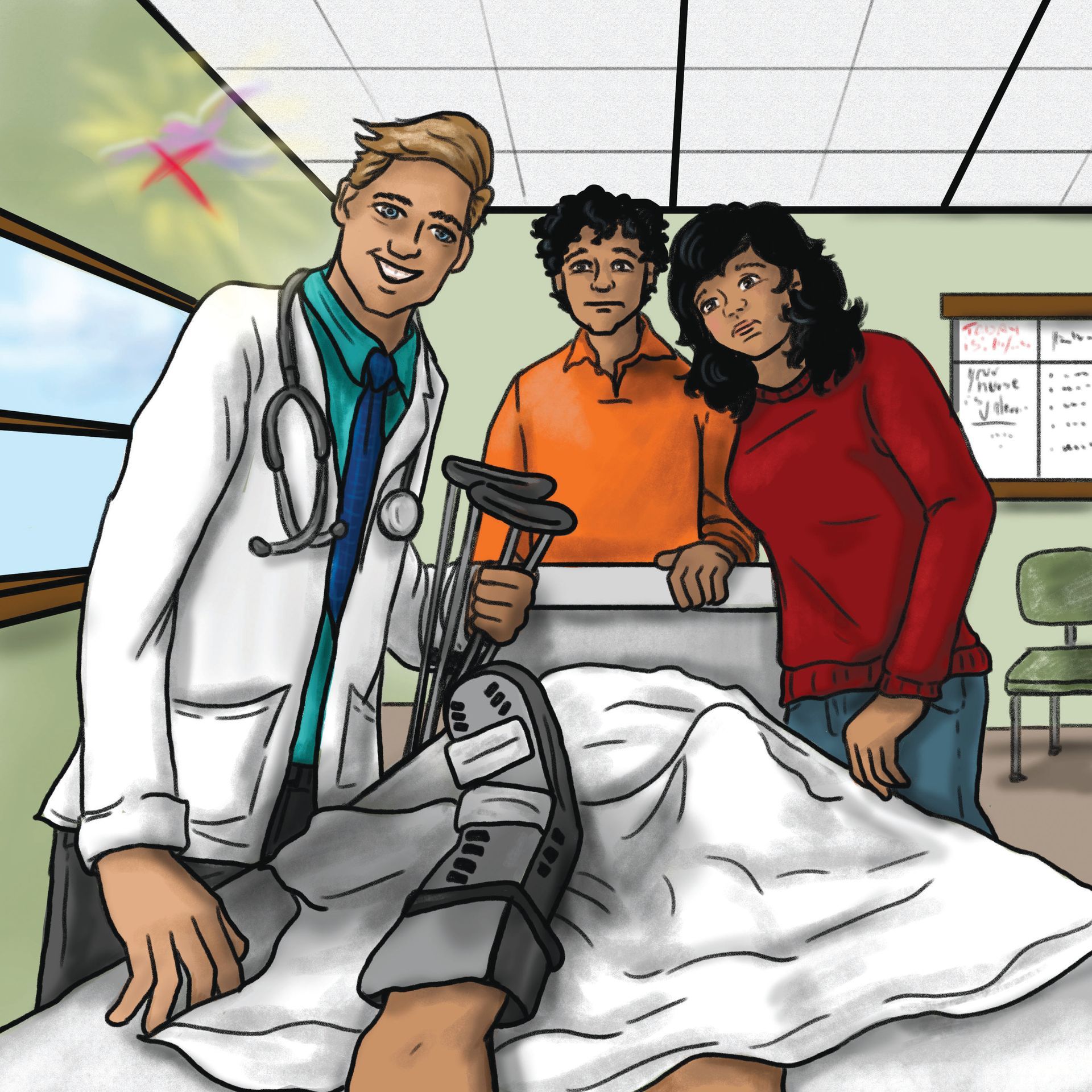 Doctor with stethoscope, patient in bed with leg cast, and concerned visitors in a hospital room.