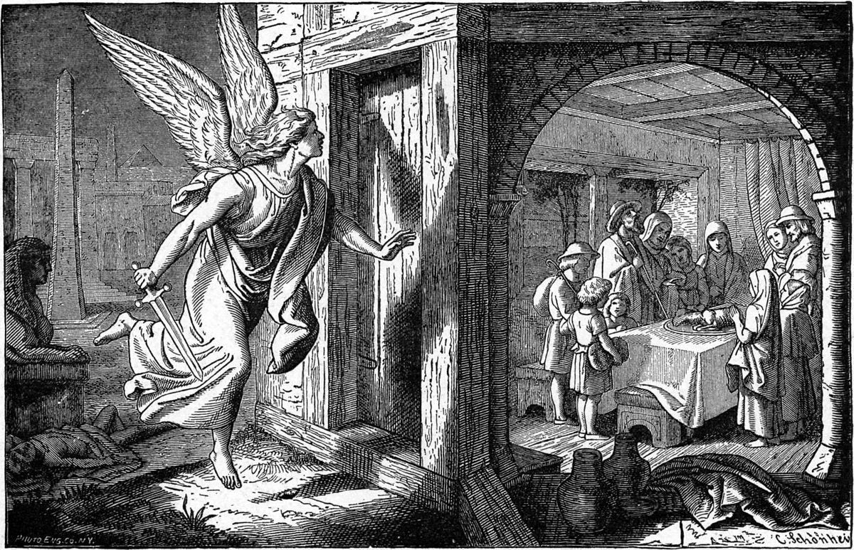 A black and white drawing of an angel standing in front of a door.