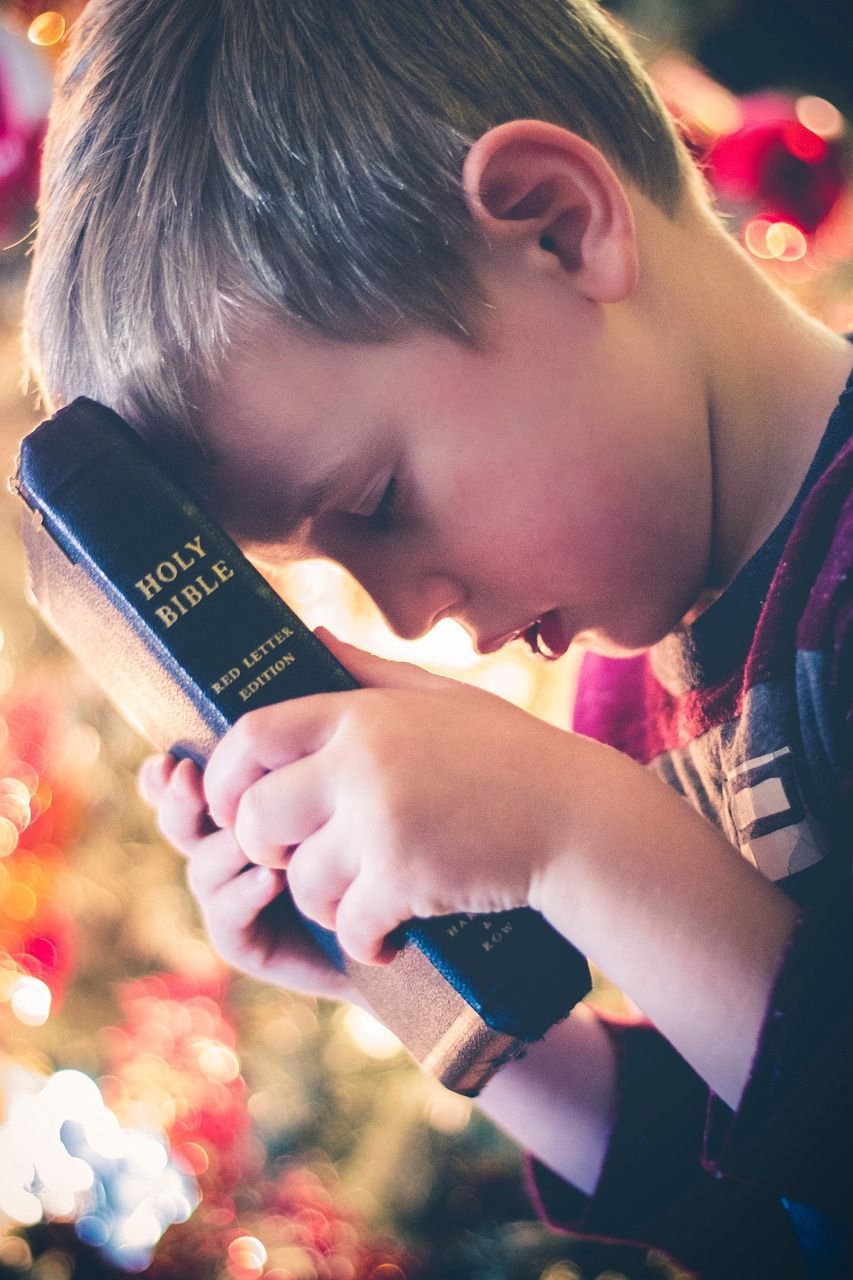 A young boy is holding the holy bible in front of a Christmas tree.