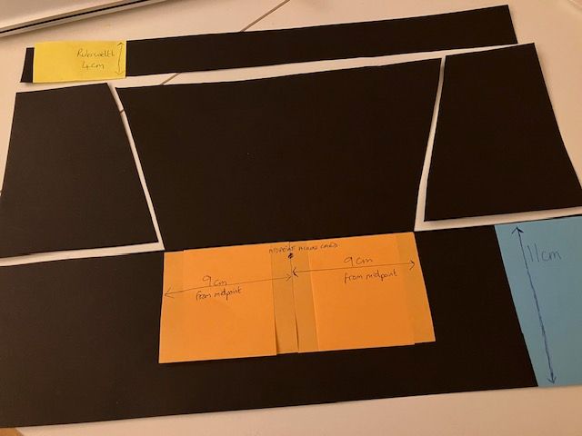 Colorful paper pattern pieces arranged on a table, including black, orange, blue, and yellow sections.