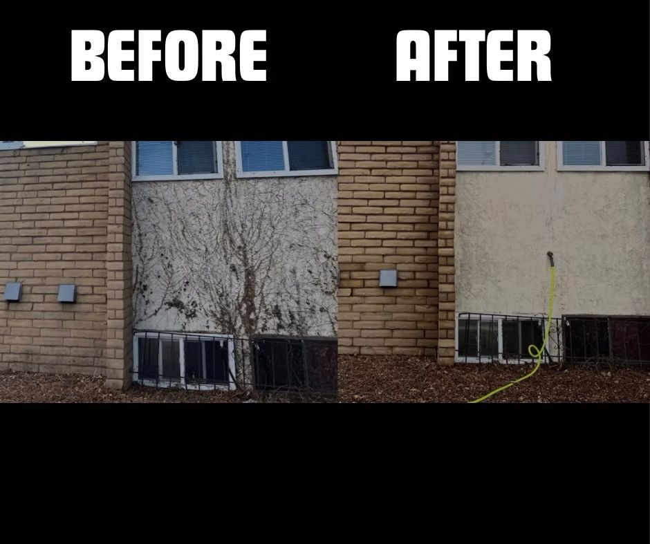 A before and after picture of a brick building