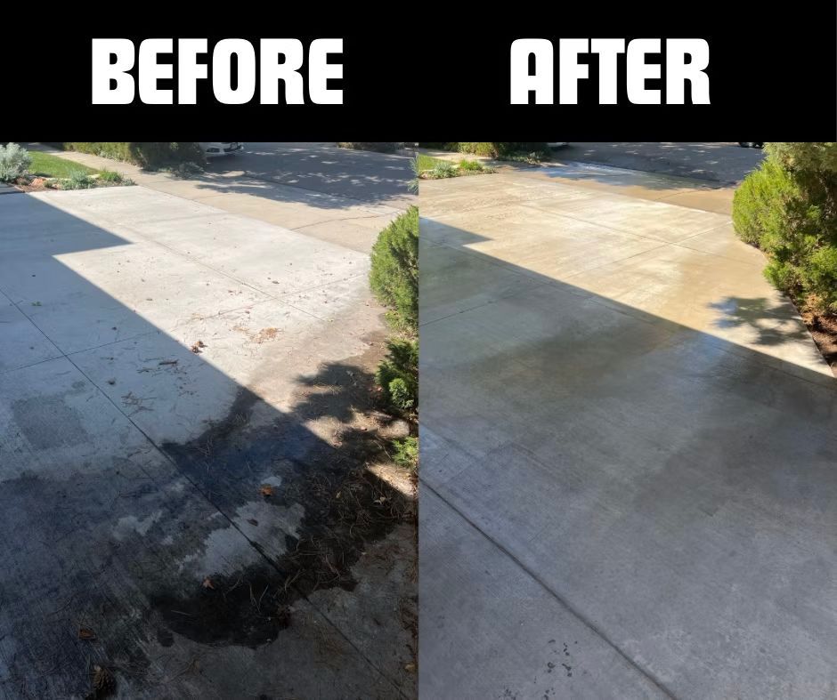 A before and after photo of a concrete driveway