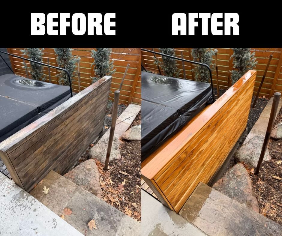 A before and after photo of a wooden fence