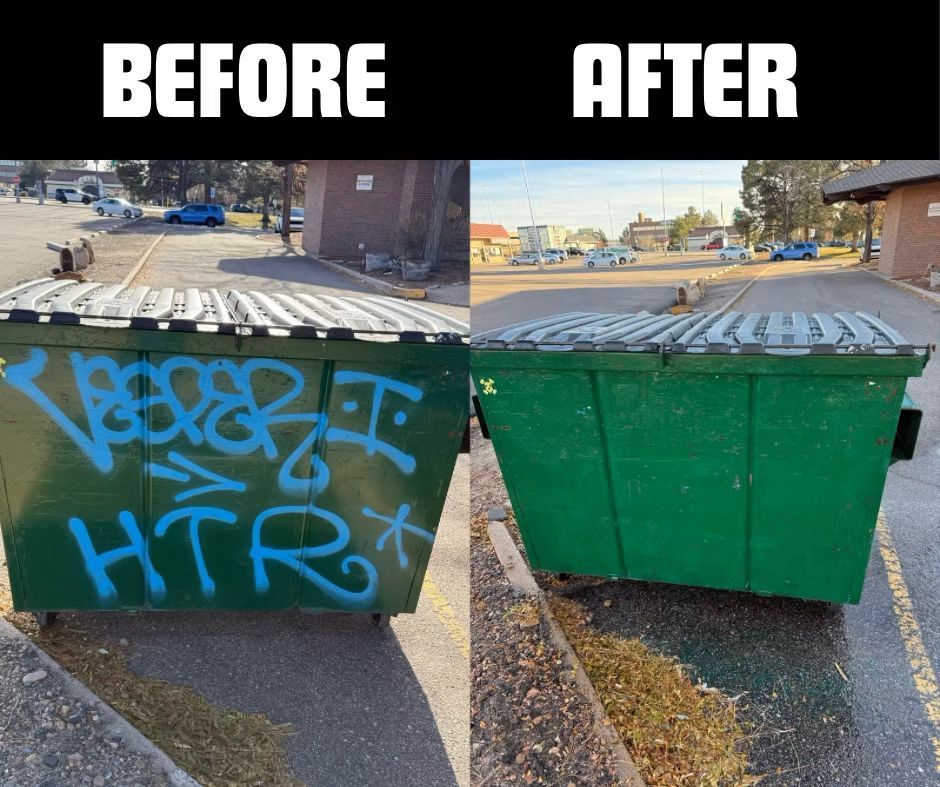 A before and after picture of a dumpster with graffiti on it
