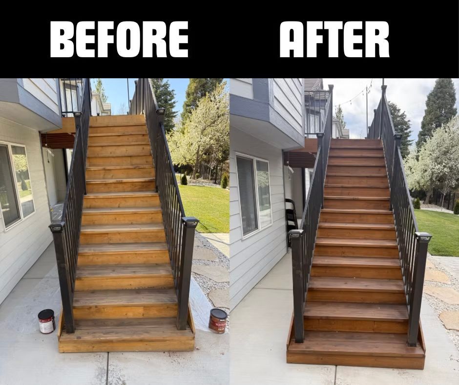 A before and after picture of a wooden staircase