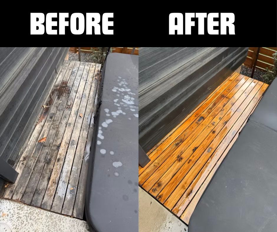 A before and after photo of a wooden deck