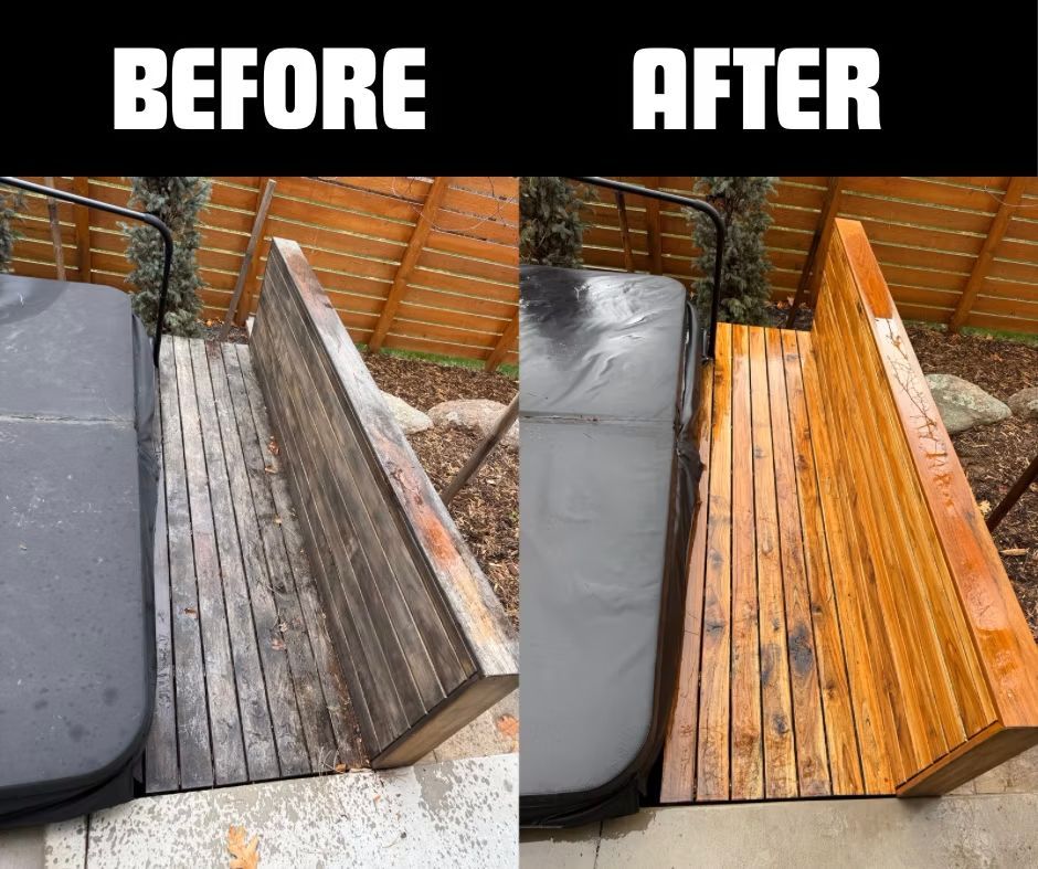 A before and after photo of a wooden bench next to a hot tub.