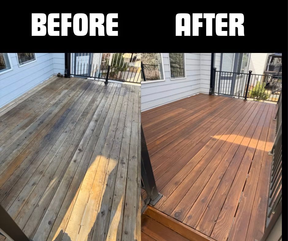 A before and after picture of a wooden deck