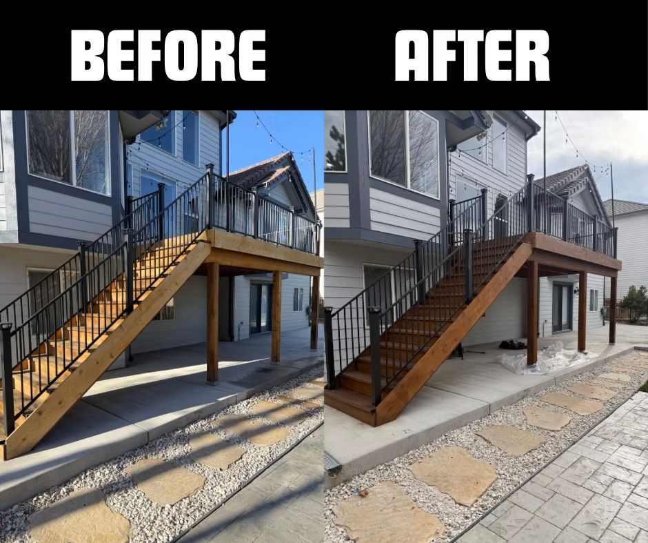 A before and after picture of a house with stairs