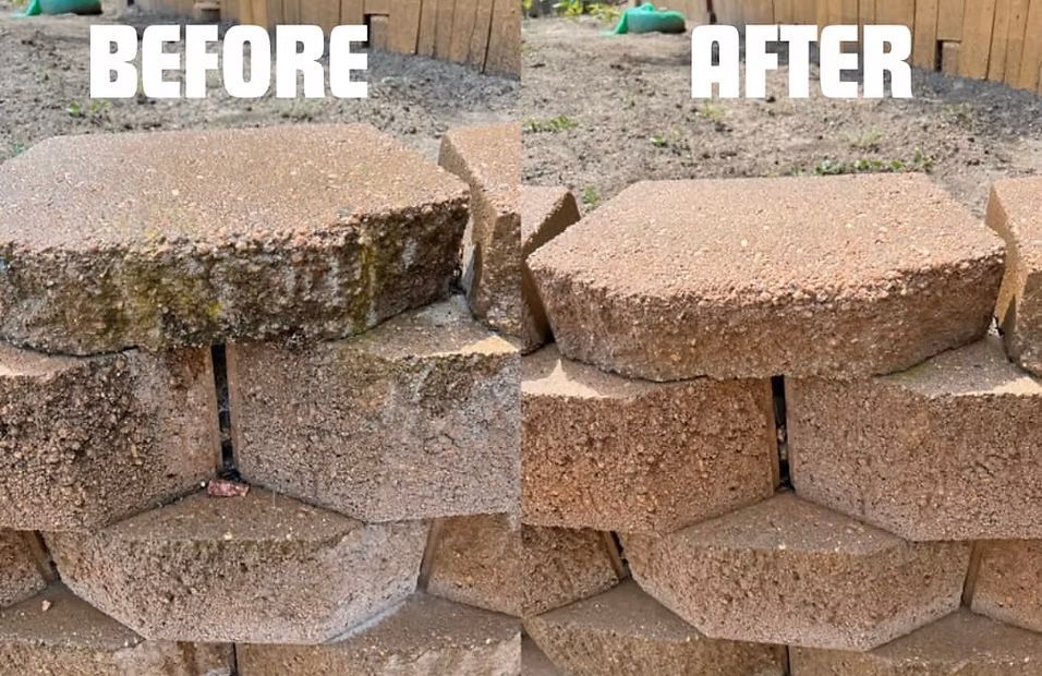 A before and after picture of a stone wall.