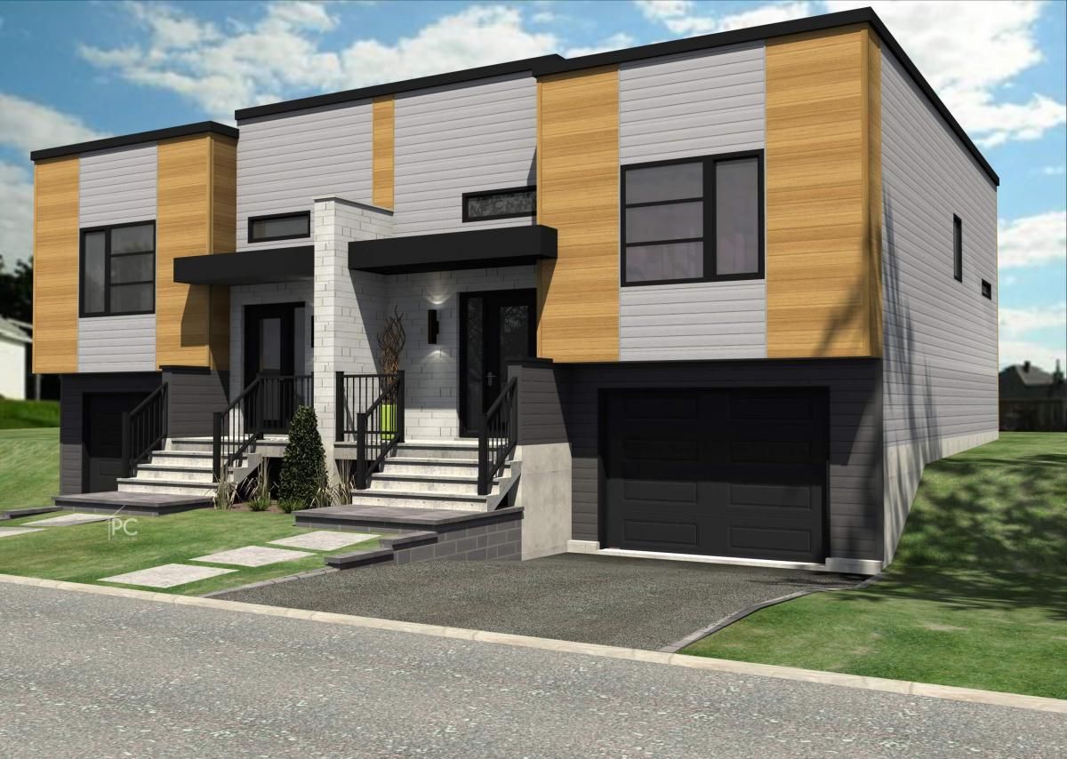 Une impression d'artiste d'une maison avec un garage et des escaliers.