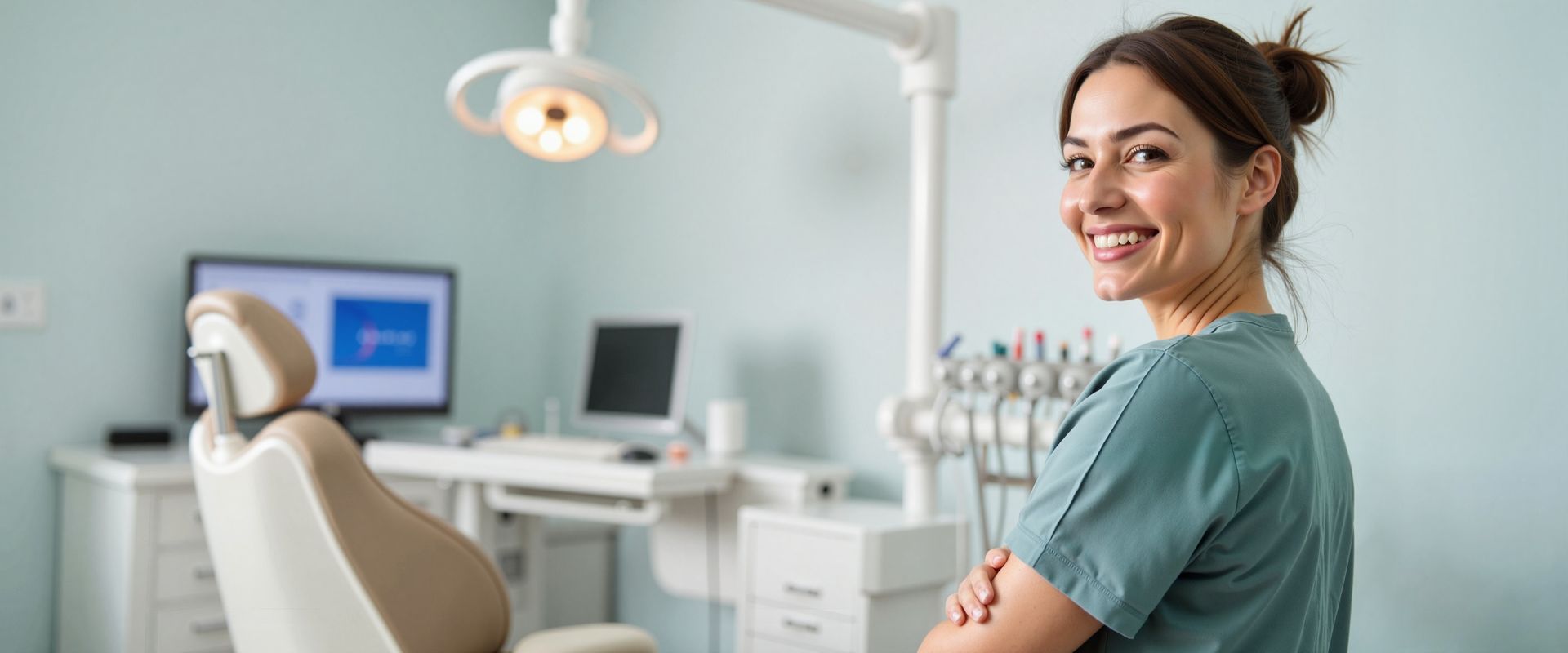 A friendly dental staff member stands by a modern exam chair in a bright, organized clinic. A friendly dental staff member stands by a modern exam chair in a bright, organized clinic.
