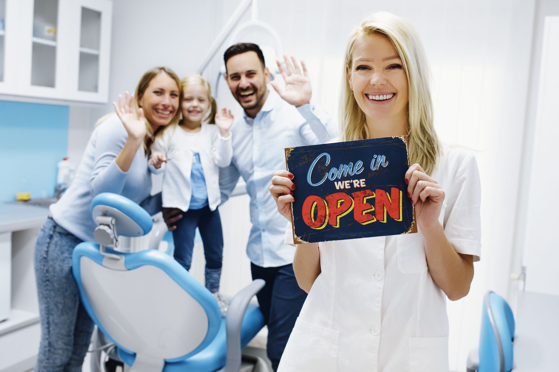 Family dentist, warm clinic setting, welcoming patients with an open sign. Family dentist, warm clinic setting, welcoming patients with an open sign.