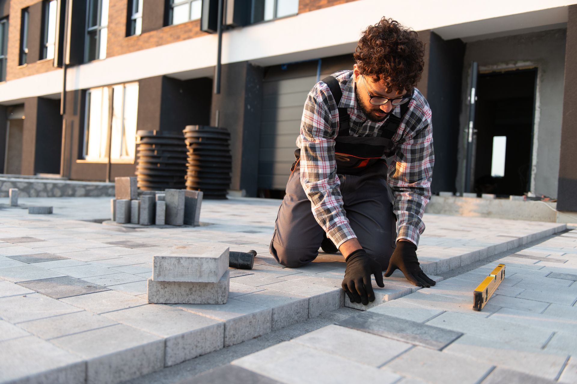 Construction worker laying pavers for new patio walkway.