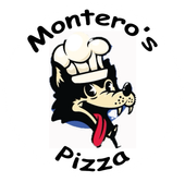 The logo for montero 's pizza shows a wolf wearing a chef 's hat.