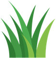 A stylized illustration of a patch of green grass blades against a white background.