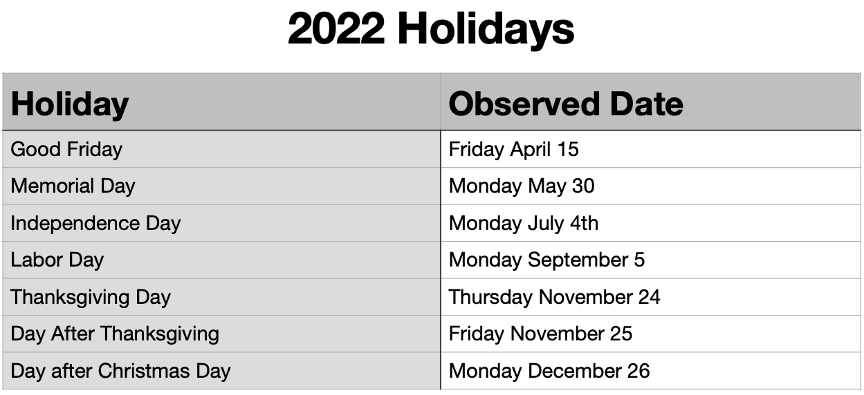 2022 holiday