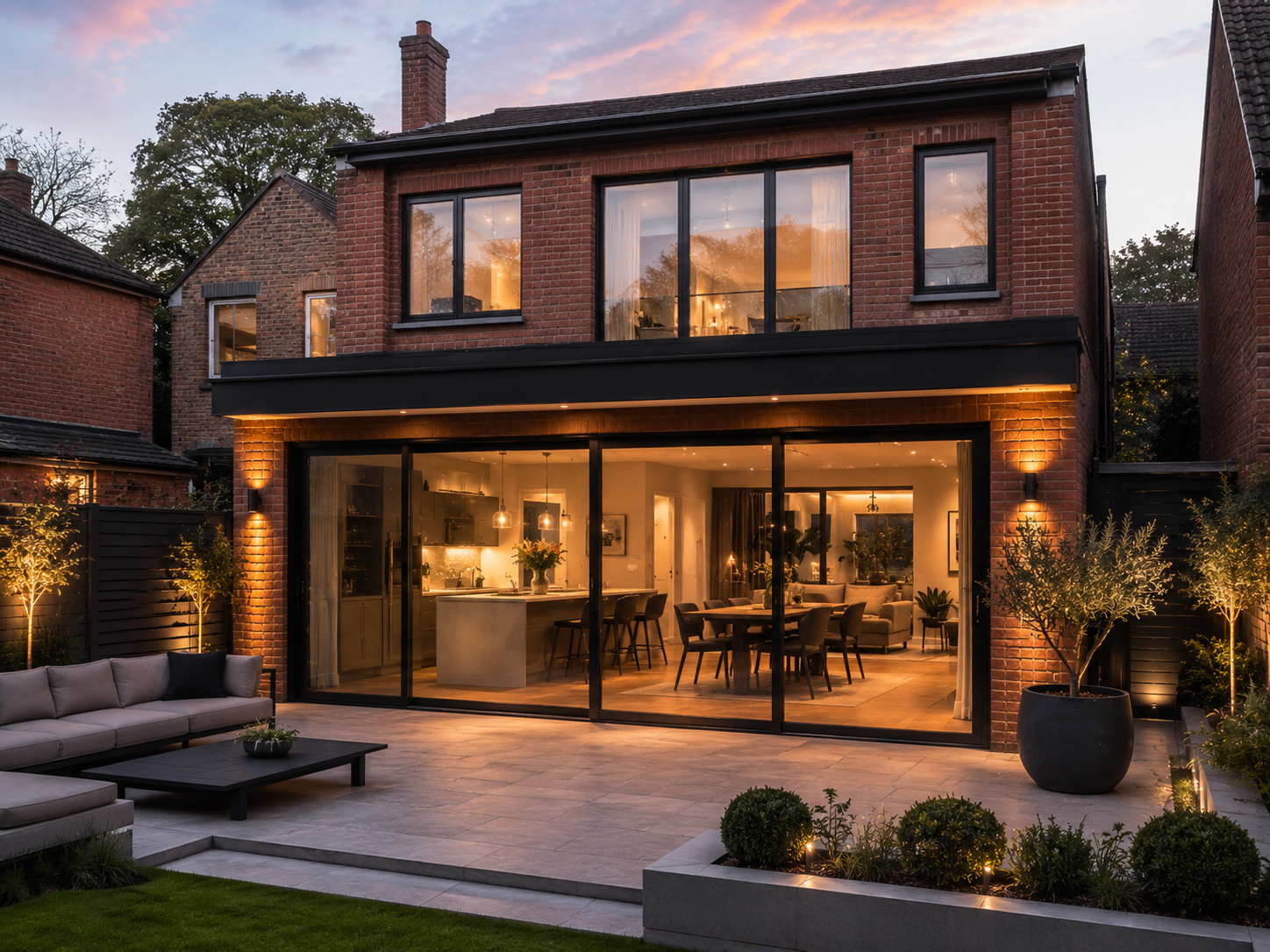 Modern two-story brick house with warm interior lights and a lit patio at dusk
