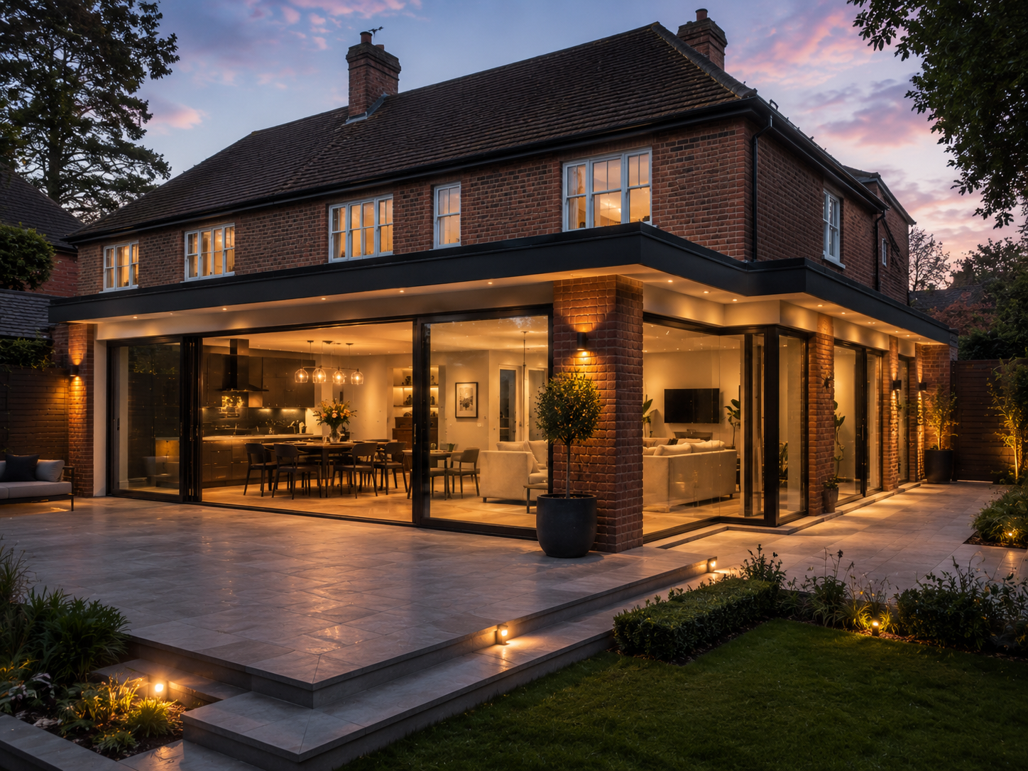 Modern two-story brick house with warm lights, large patio doors, and a landscaped yard at dusk