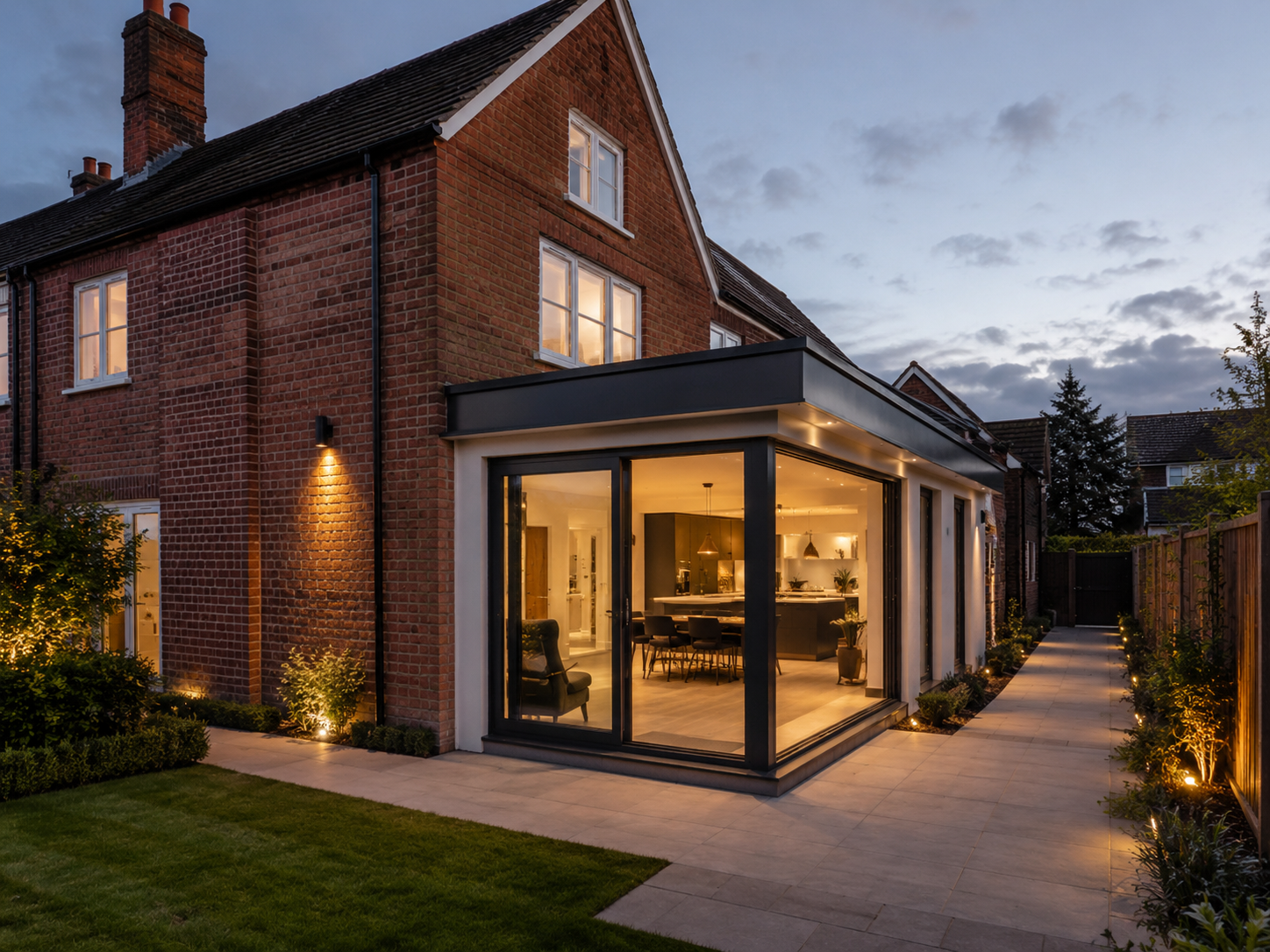 Modern brick house with a lit glass extension and garden at dusk