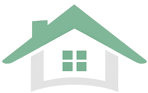 Green house logo with white walls and a green window.