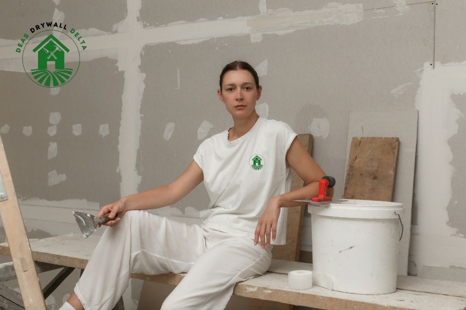 A drywall repair company worker in white coveralls leans on a white bucket holding a putty knife in an unfinished room with patched drywall walls and residential construction materials scattered around near Lochdale St, and Halifax St, Burnaby, BC.