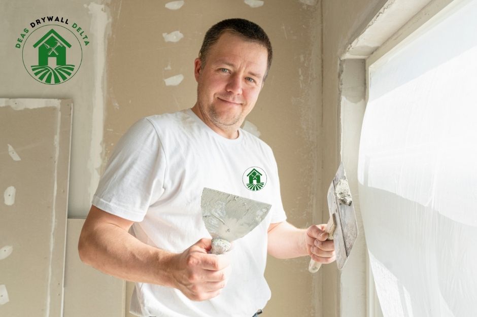 A drywall repair company professional in a white shirt smiles while holding a putty knife and applying joint compound to repair a damaged drywall section in a commercial construction site. The worker is smoothing the compound over cracks in the white wall surface near 201 St, and 56 Ave, Langley, BC.