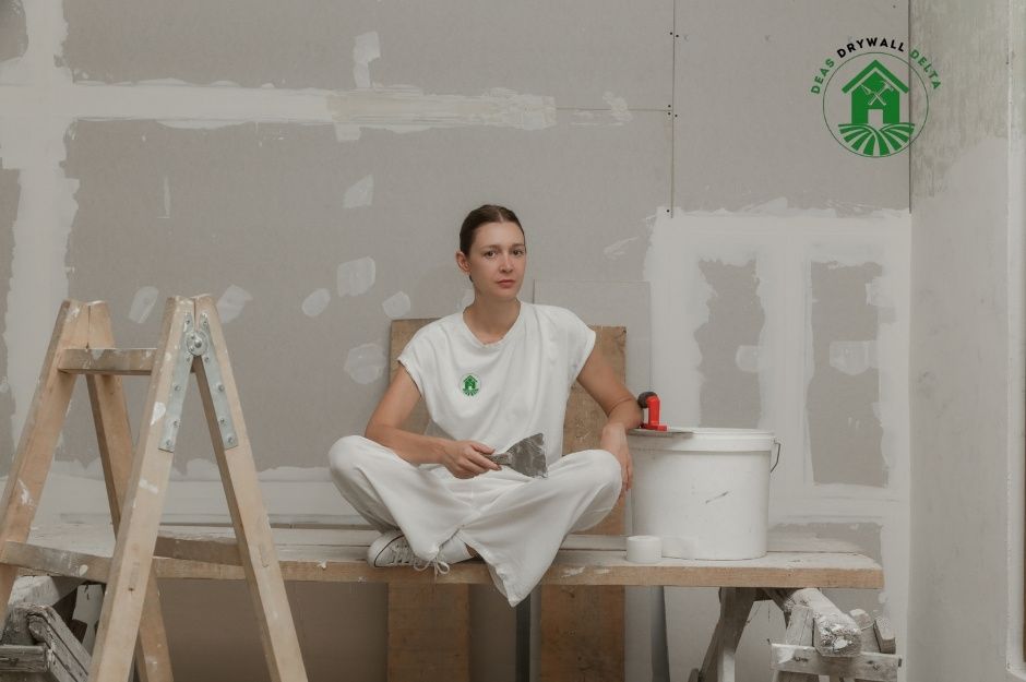 A drywall repair company professional sits on a workbench in white overalls, holding a putty knife in a commercial construction site. She is surrounded by repair tools, including a ladder, paint bucket, and supplies against freshly patched drywall walls near 256 St, and 116 Ave, Maple Ridge, BC.
