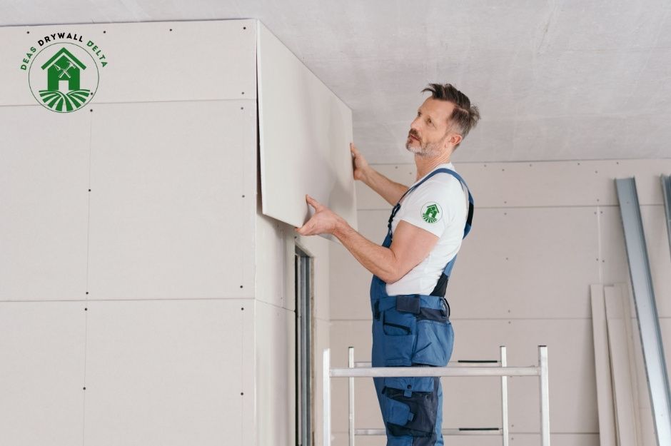 A drywall repair company worker is installing drywall sheets on an interior wall. Male contractor in a white shirt and blue overalls holds large drywall panel against wall frame, positioning it for installation in residential construction project near St Andrews Ave, and 21st St E, North Vancouver, BC.