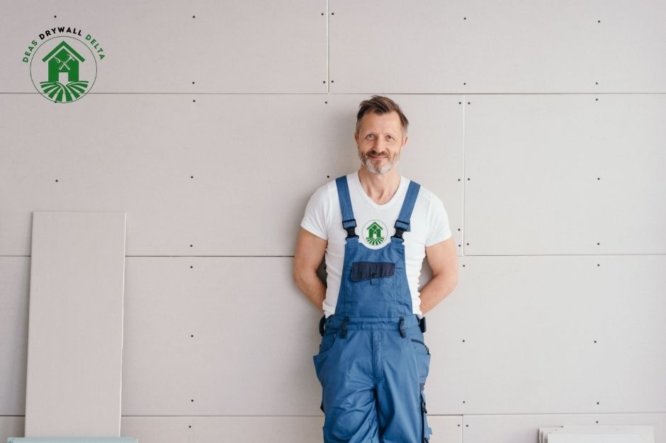 A drywall repair company professional man in blue overalls and a white t-shirt standing confidently against a white drywall wall in a commercial construction site, showcasing expertise in wall installation and finishing near Prairie Ave, and Toronto St, Port Coquitlam, BC.