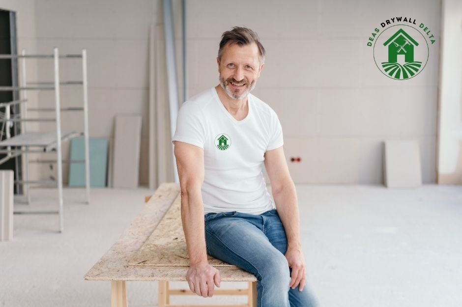 A drywall repair company professional in a white t-shirt and jeans sits confidently on wooden sawhorses in a commercial construction site with white walls and contemporary furnishings, ready to provide expert services near 1131a St, and 62b Ave, Surrey, BC.