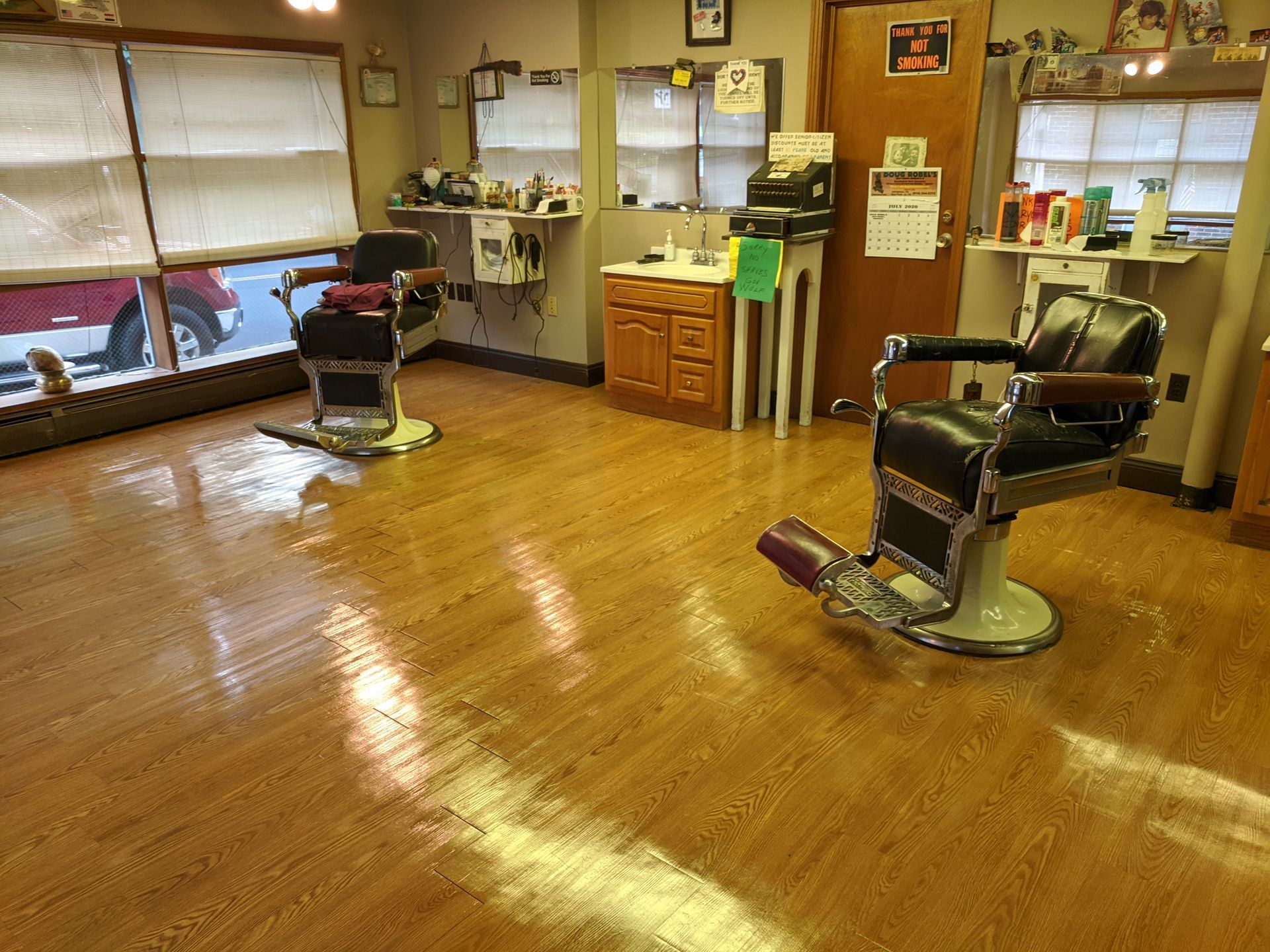 Red's barbershop floor freshly cleaned and polished