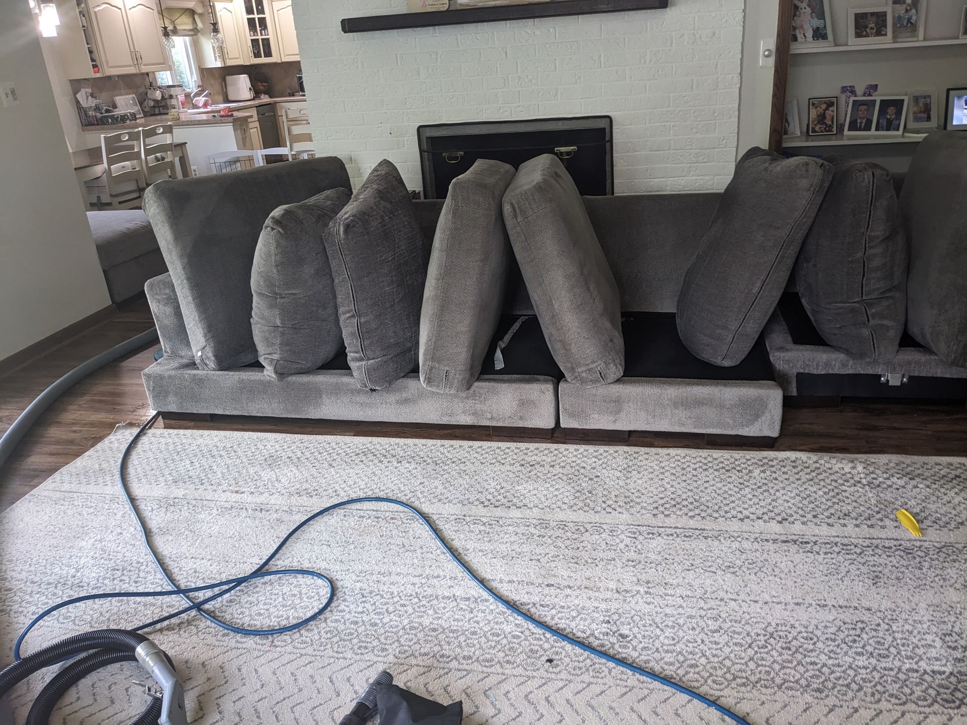 cleaned couch with cushions propped up to help dying