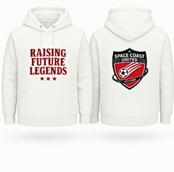 White hoodie with Space Coast United Soccer logo and quote