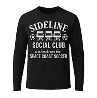 Black long-sleeved shirt with Space Coast United Soccer and quote