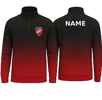 Black and red gradient zip-up sweatshirt with Space Coast United Soccer logo