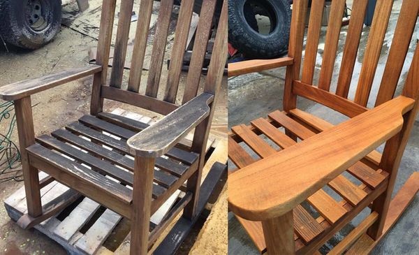 A before and after picture of a wooden rocking chair.