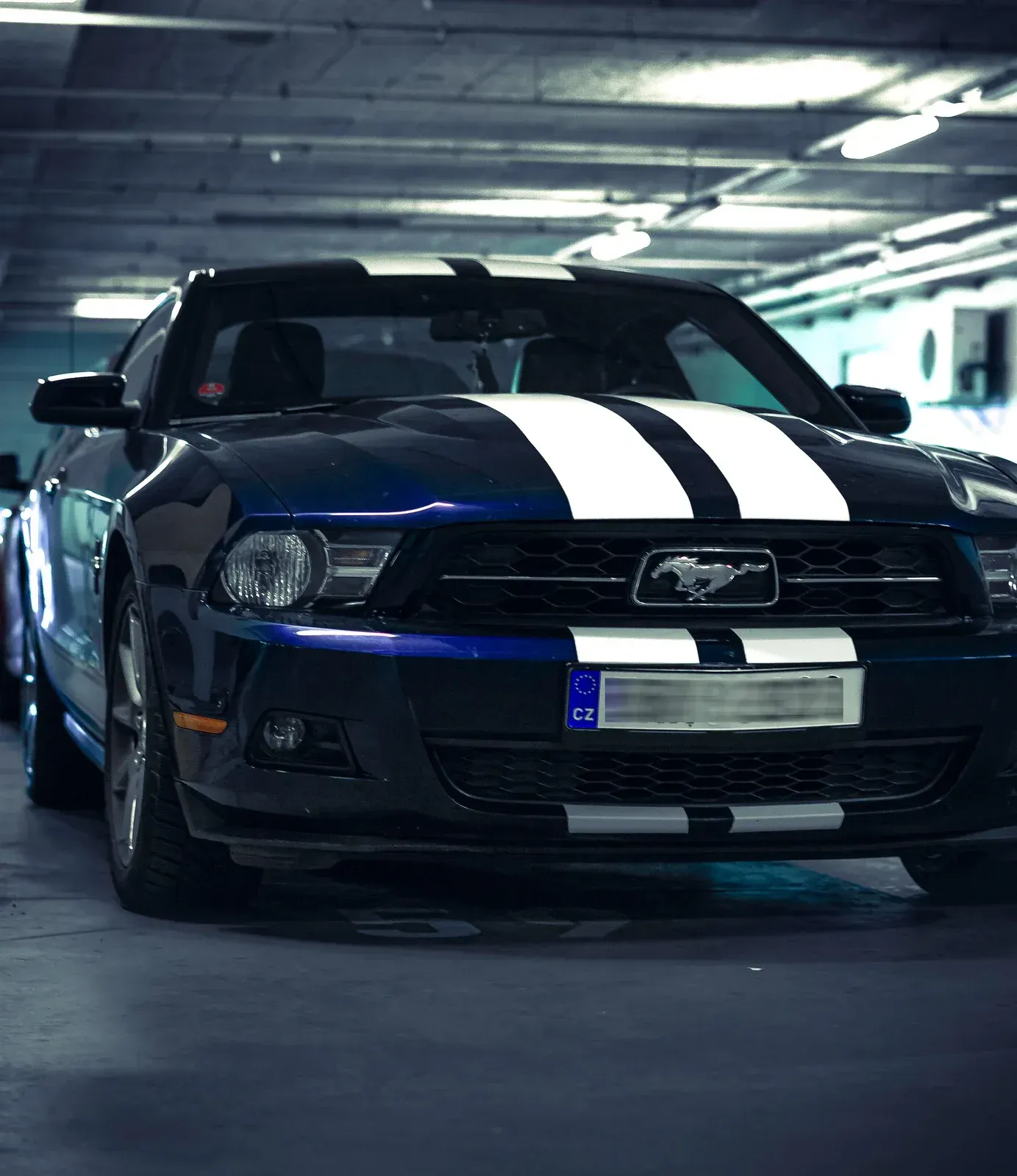 Dark blue Ford Mustang with white racing stripes parked in a garage.