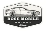 Logo for Rose Mobile Brake Repair, Atlanta, with car graphic, black and white, established 2024.