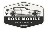 Black and white logo: Rose Mobile Brake Repair in Atlanta, with a car illustration. Established 2024.