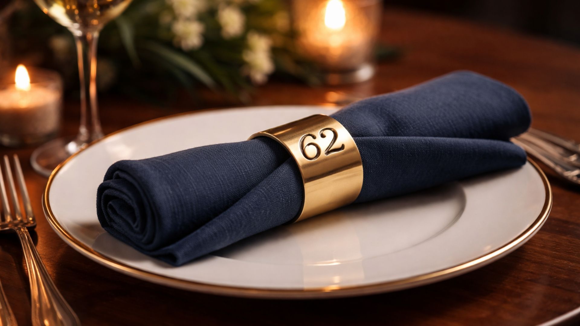 Table scape, navy blue linen napkin, gold napkin ring.
