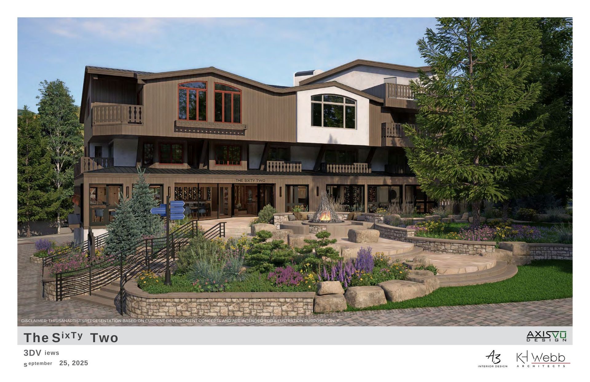Building with brown and white facade, tiered garden, stone walls, and trees.