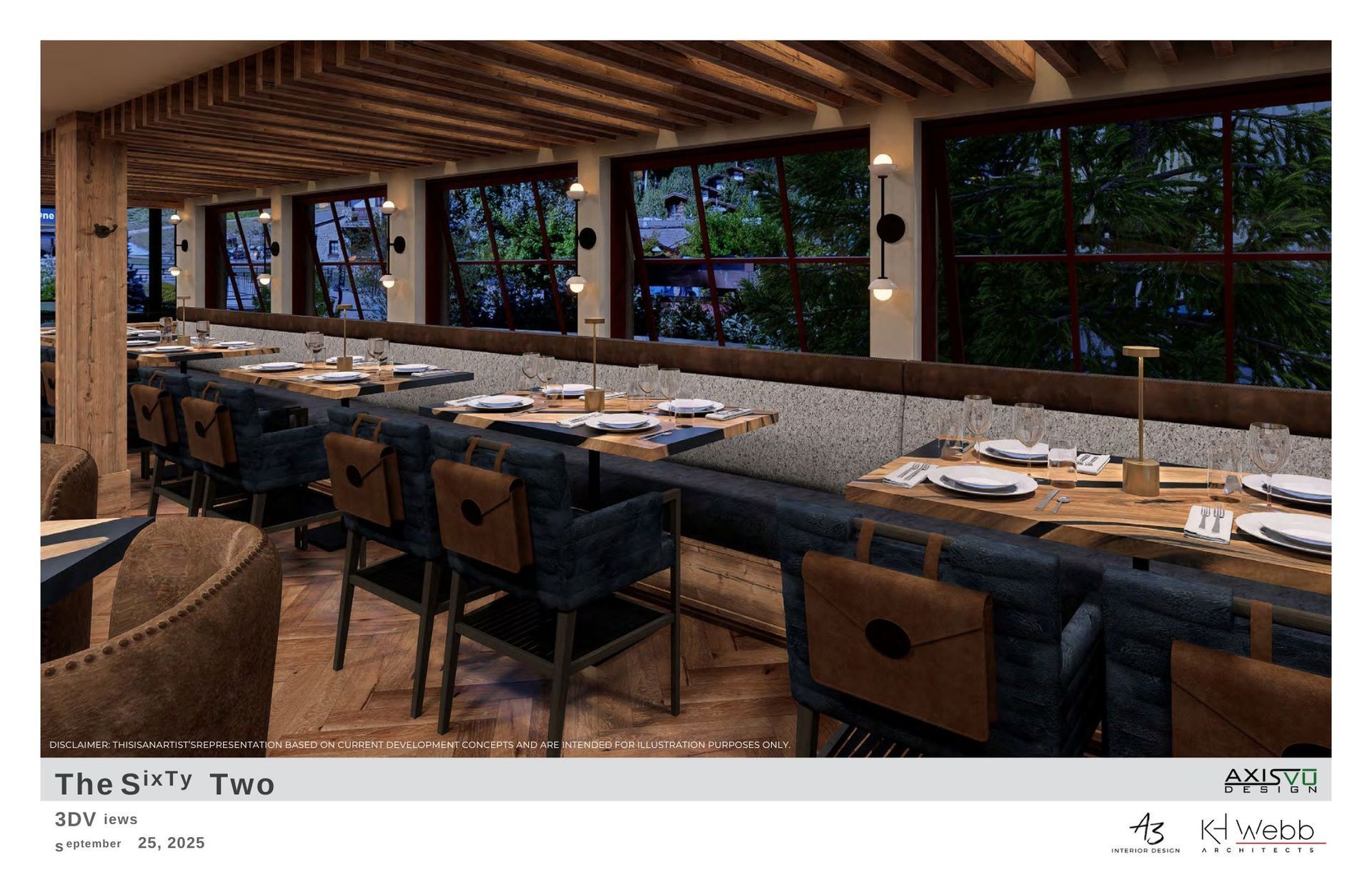 Interior of a restaurant, with long tables, wood ceiling, windows with a forest view, and upholstered seating.