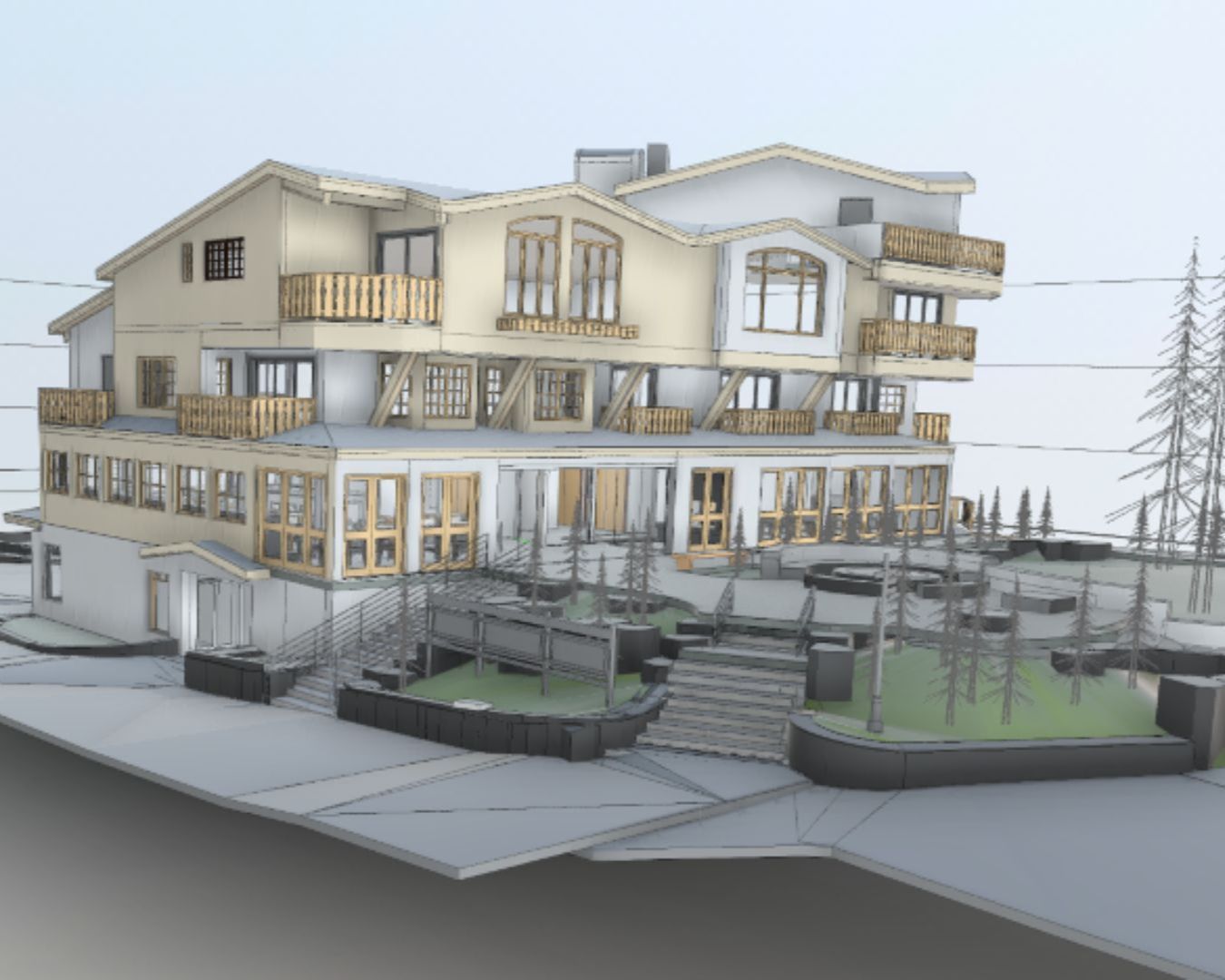 Multi-story building with balconies, stairs, and landscaping.