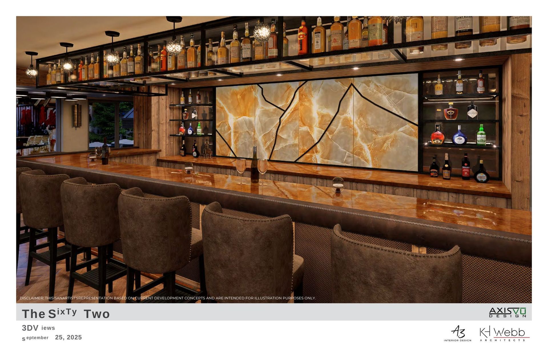 Interior view of a bar with wooden accents, liquor bottles, and seating.