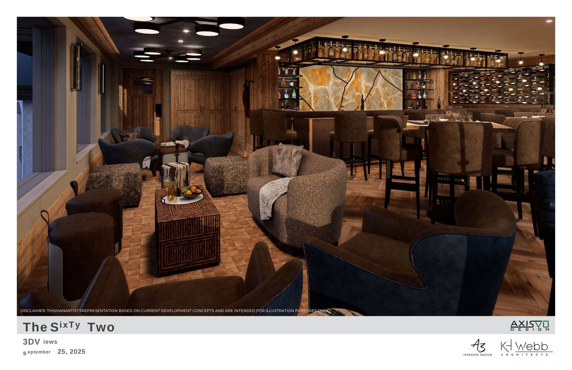 Interior rendering of a bar with lounge seating and a dark wood bar counter.