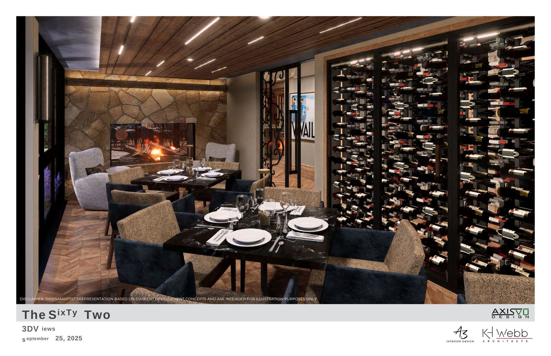 Restaurant interior with tables set for dining, a fireplace, and a wine cellar.